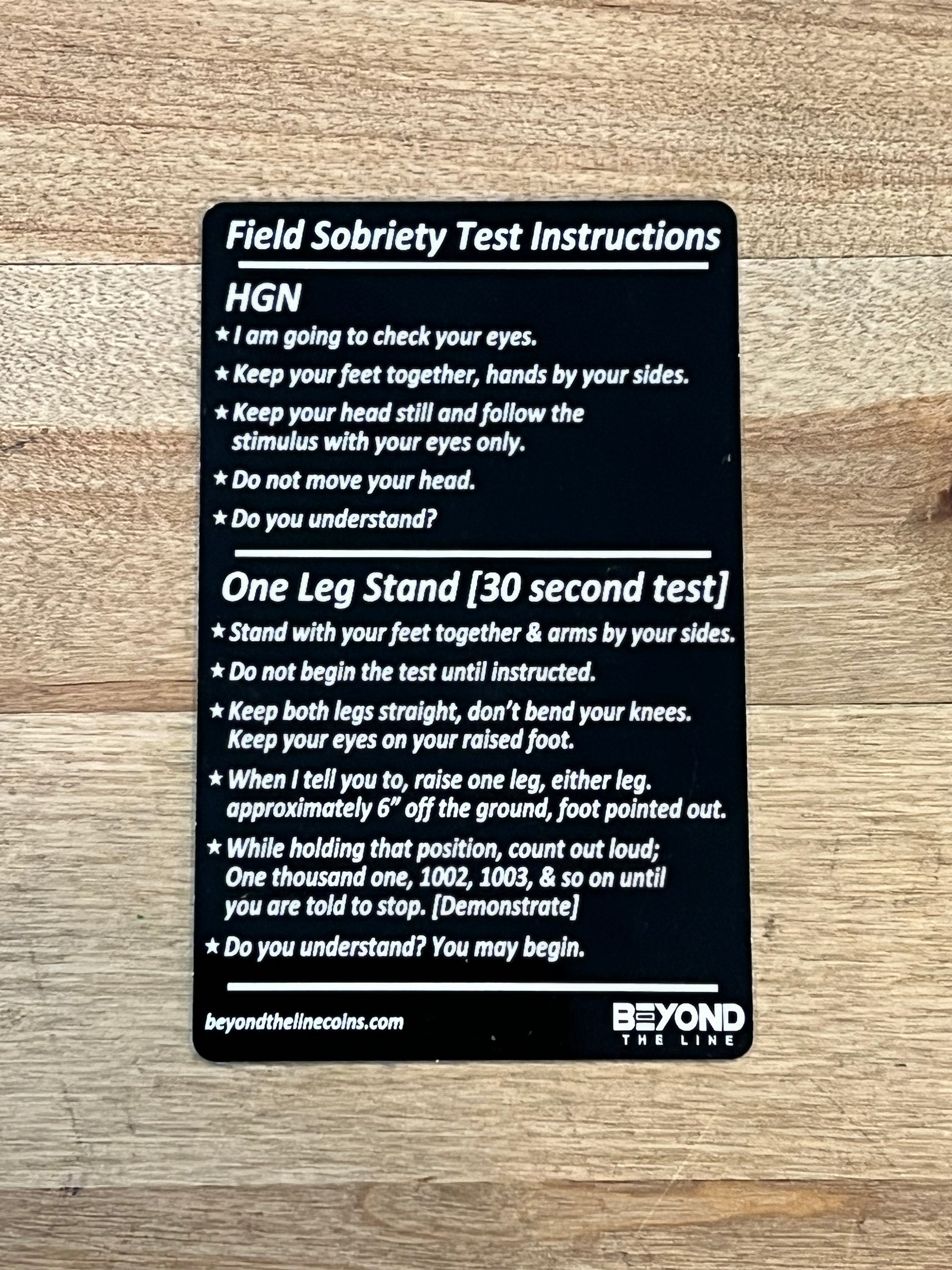 Standard Field Sobriety Test Instructions Card - Custom Challenge Coins from Beyond The Line