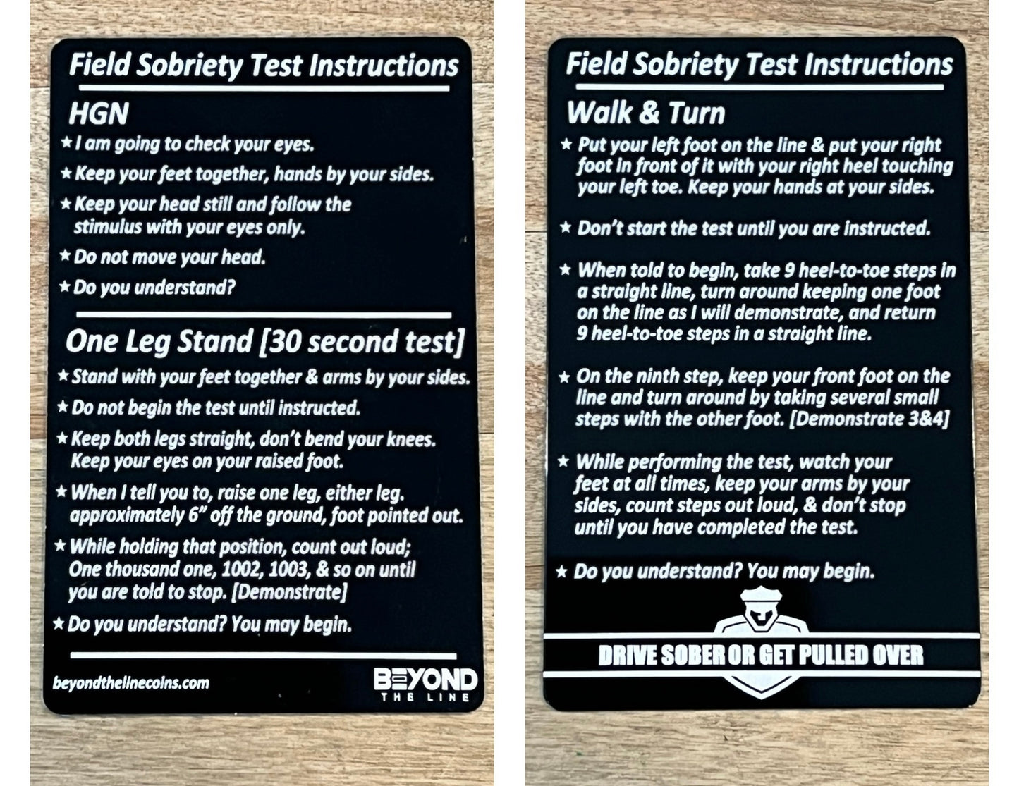 Standard Field Sobriety Test Instructions Card - Custom Challenge Coins from Beyond The Line