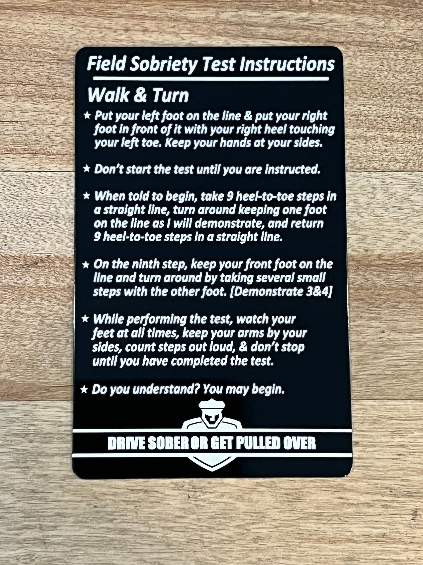 Standard Field Sobriety Test Instructions Card